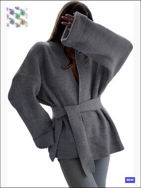Oversized Knit Cardigan Belted Wrap Sweater Long Sleeve Loose Fit Open Front